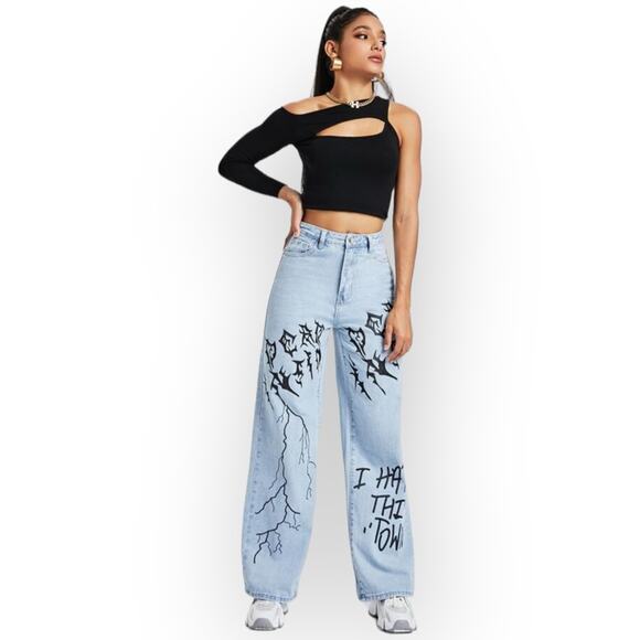 SHEIN Light Wash High Rise Wide Leg Graphic Jeans sz XS - Picture 1 of 16